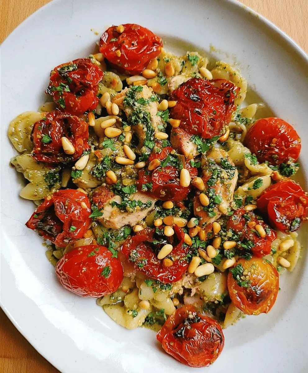 Easy Chicken Pesto Pasta with Roasted Tomatoes and Pine Nuts