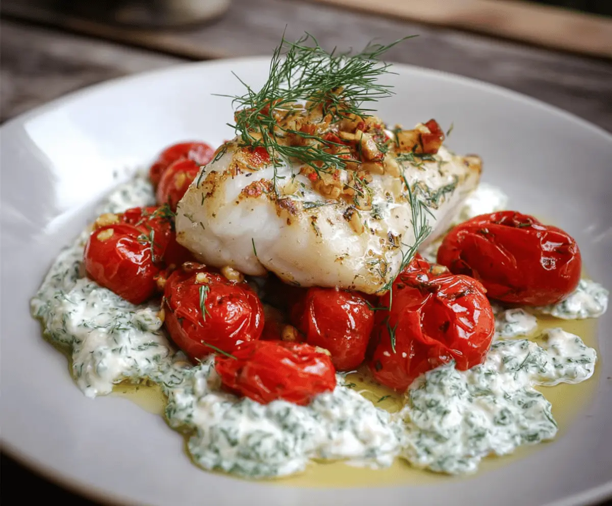 Grilled Cod with Roasted Tomatoes and Creamy Dill Sauce