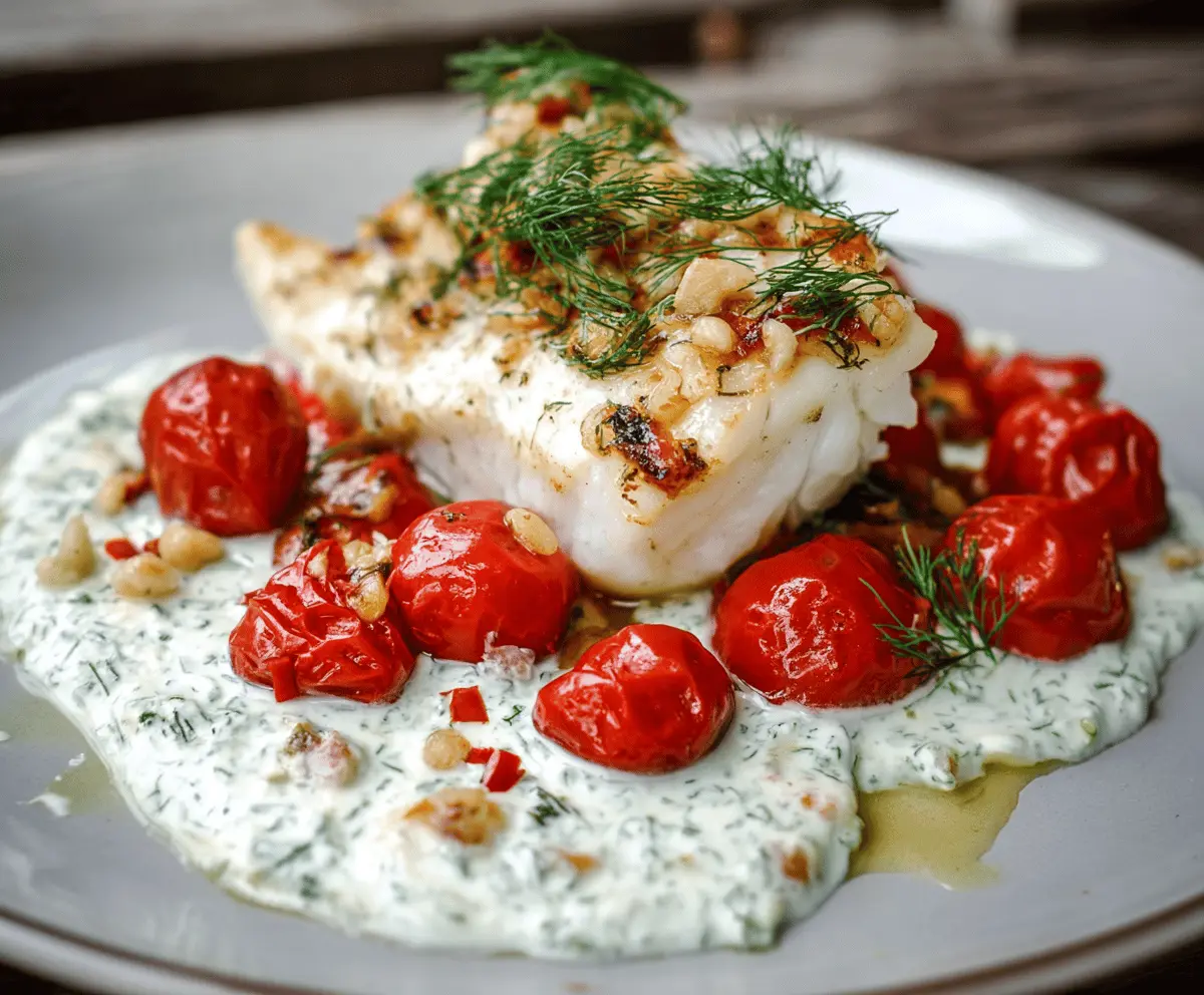 Grilled Cod with Roasted Tomatoes and Creamy Dill Sauce