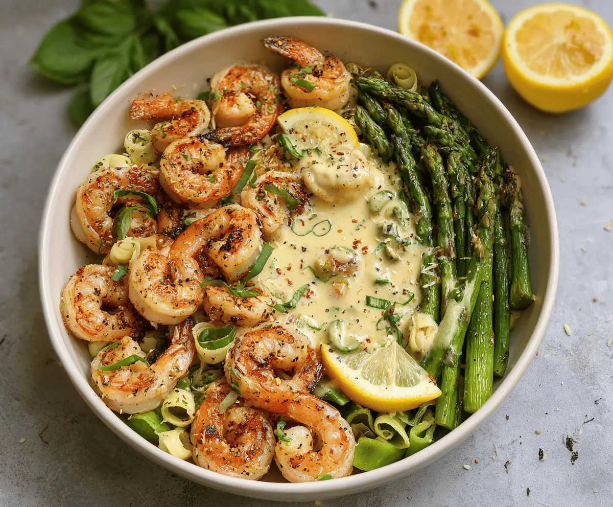 Grilled Shrimp Bowl with Asparagus and Creamy Garlic Sauce