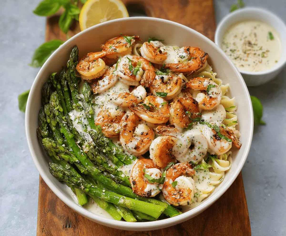 Grilled Shrimp Bowl with Asparagus and Creamy Garlic Sauce