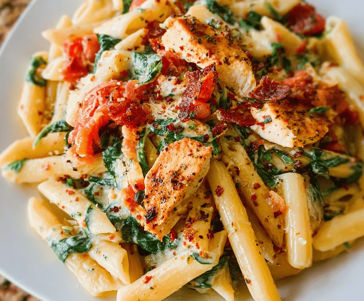 Creamy Chicken Bacon Pasta with Spinach and Tomatoes