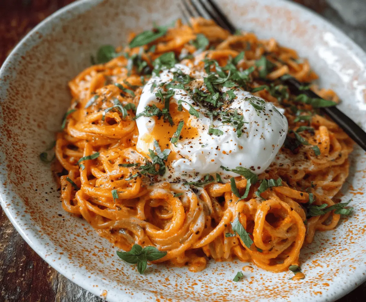Creamy Red Pepper Pasta with Burrata and Fresh Herbs