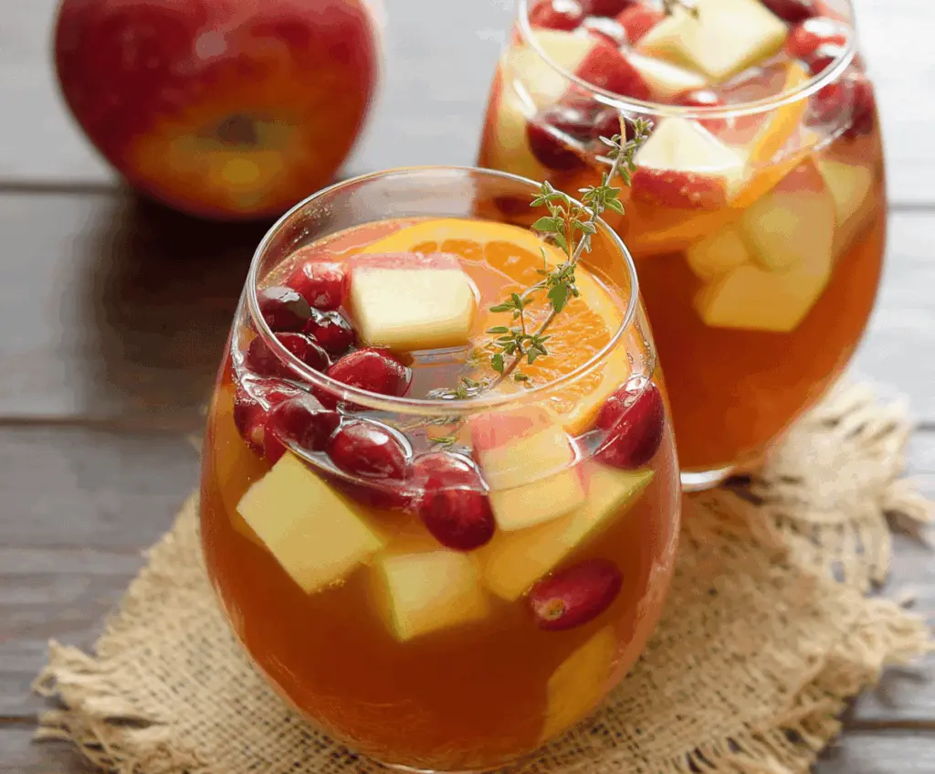 Refreshing Apple Cider Sangria with sliced apples, citrus fruits, and cinnamon sticks in a glass pitcher for a festive fall drink