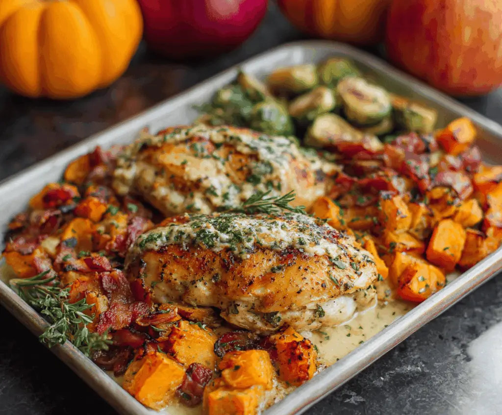 Golden roasted chicken served with seasonal autumn vegetables and garnished with fresh herbs for a cozy fall dinner