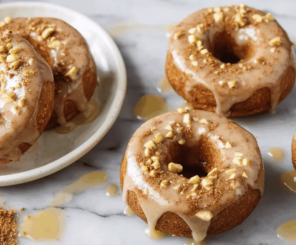 Delicious baked apple donuts topped with glossy glaze on a plate, perfect for breakfast or snack