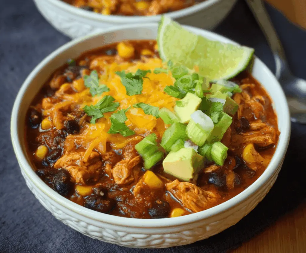 Delicious Chicken Chili with Black Beans, Corn, and fresh herbs in a bowl, perfect for a hearty meal