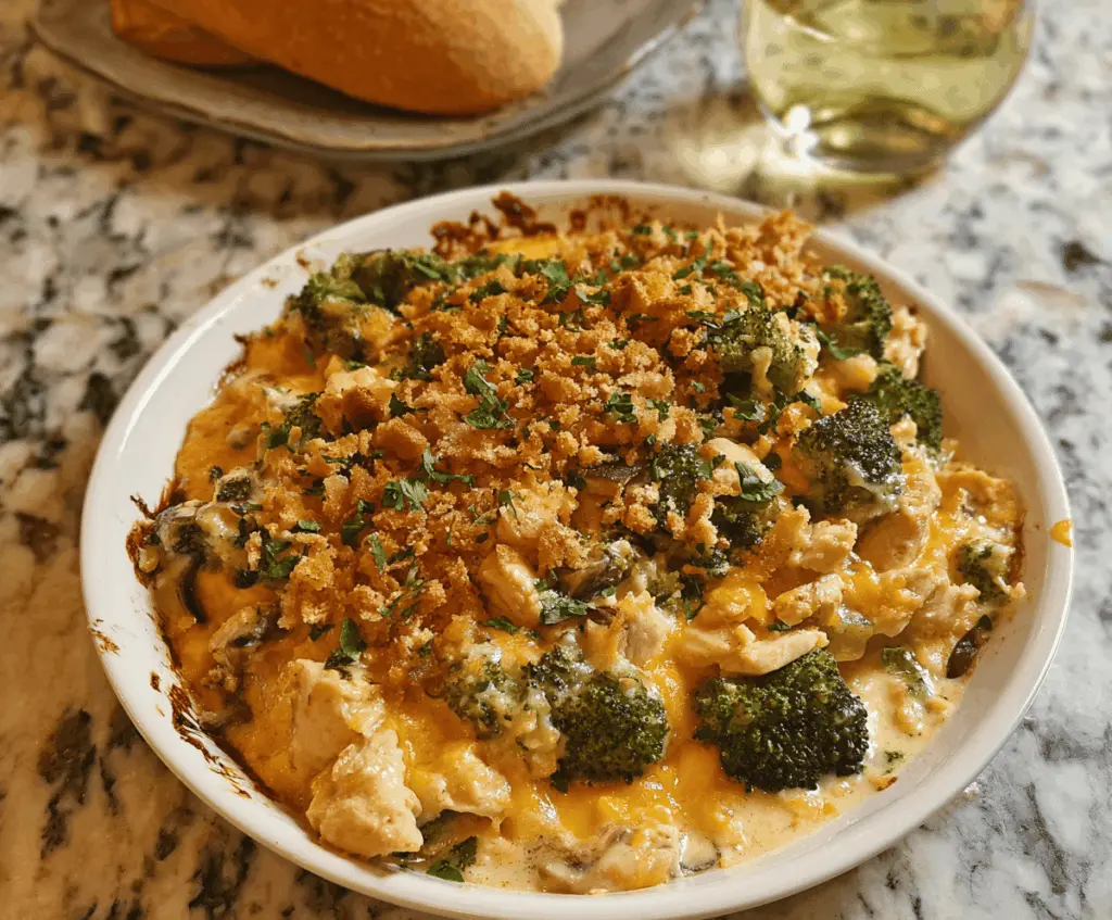 Creamy Chicken Divan casserole topped with golden-brown cheese and fresh parsley, served in a baking dish, perfect for a comforting family dinner.