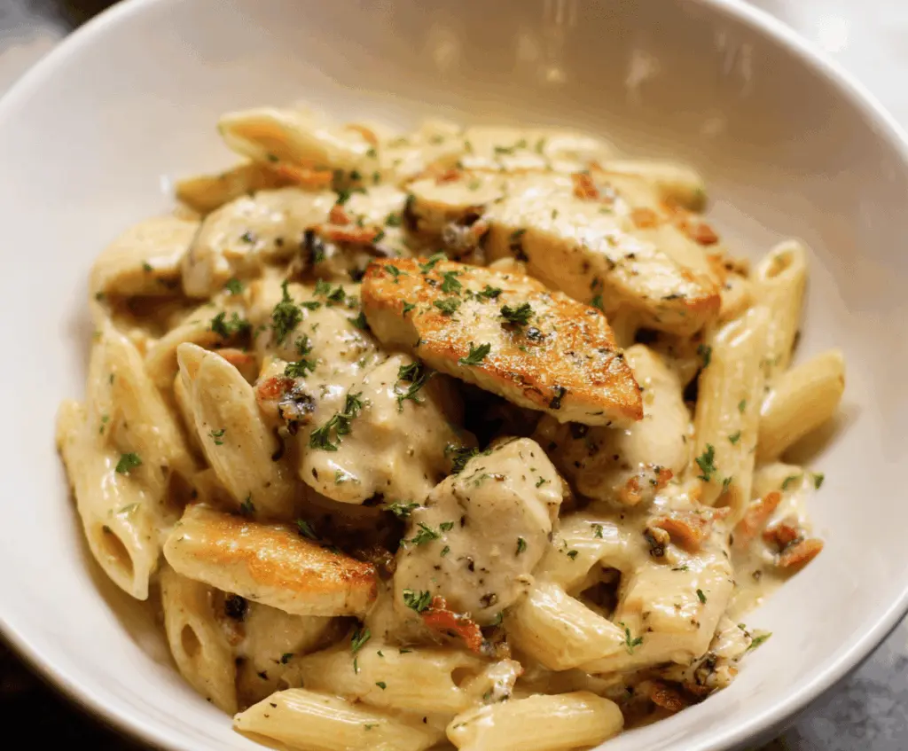 Creamy chicken penne pasta dish with grilled chicken slices, fresh herbs, and colorful vegetables on a white plate