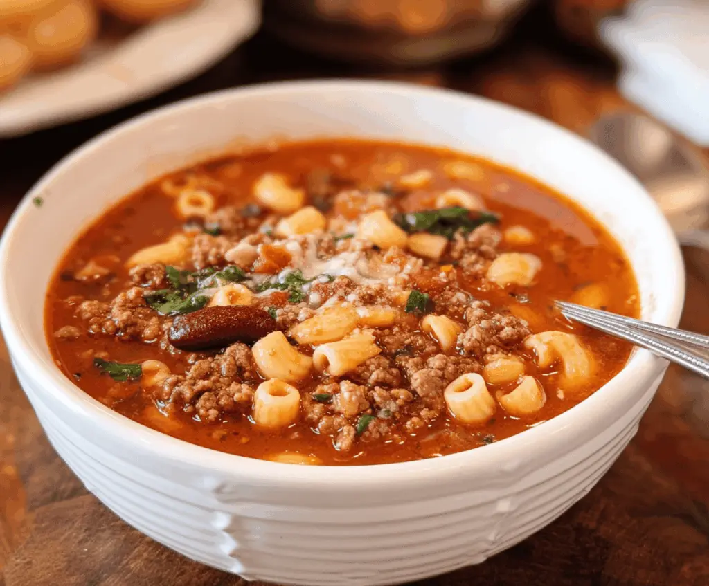 Creamy Copycat Pasta E Fagioli Soup with beans, pasta, and herbs in a bowl, perfect for hearty comfort meals