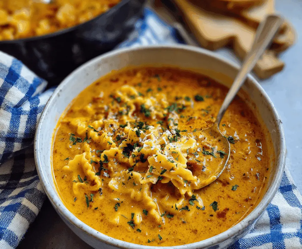 Creamy vegan lasagna soup in a bowl garnished with fresh basil and dairy-free cheese, showcasing a hearty, flavorful plant-based meal.