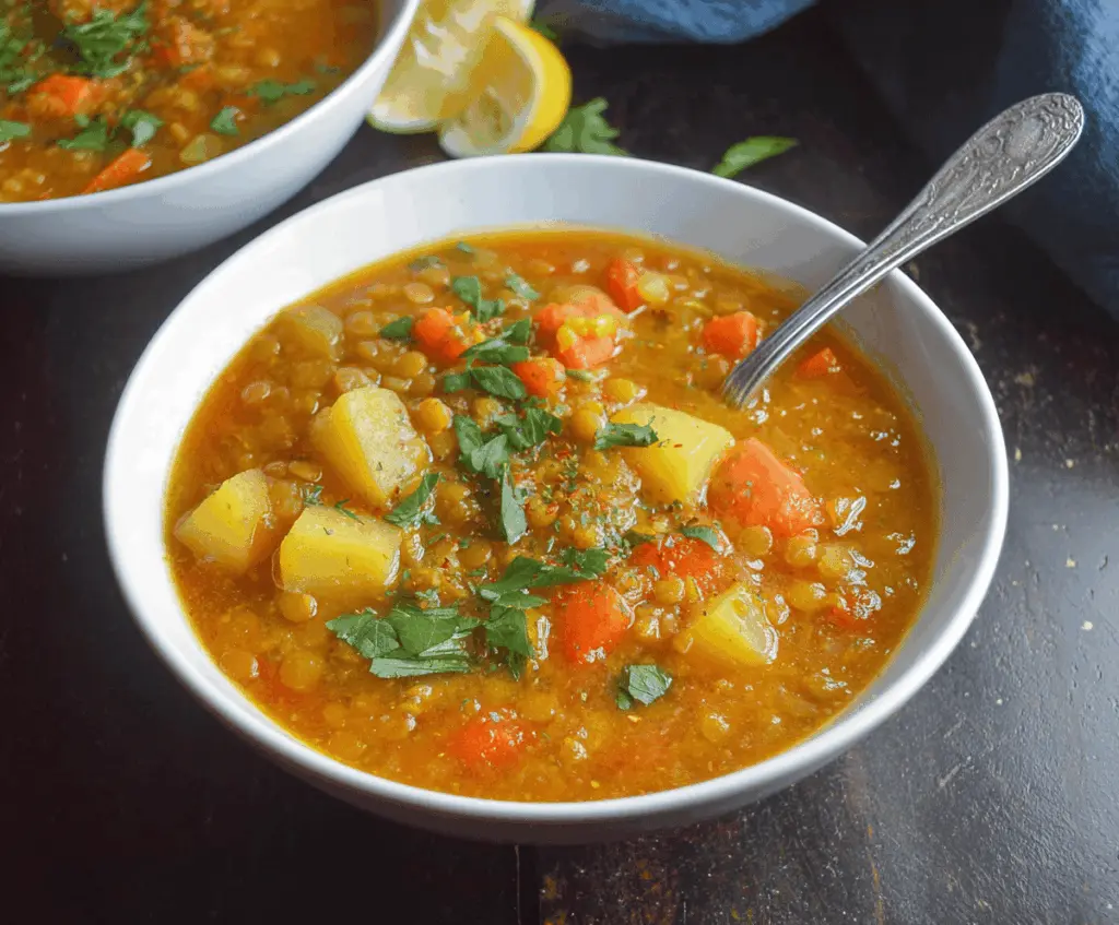 A bowl of creamy Easy Lentil Potato Soup garnished with fresh herbs, featuring lentils, potatoes, and vegetables in a comforting, hearty soup.