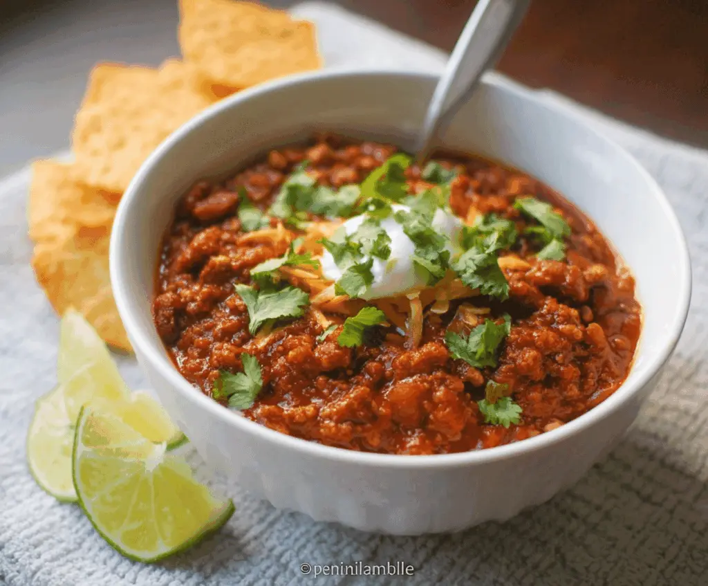 Hearty and delicious easy weeknight chili topped with shredded cheese and fresh herbs in a bowl