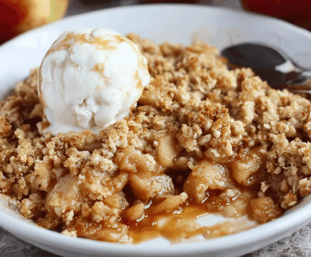 Delicious gluten-free apple crisp topped with golden brown crumbly topping and fresh apple slices, perfect for a healthy dessert.