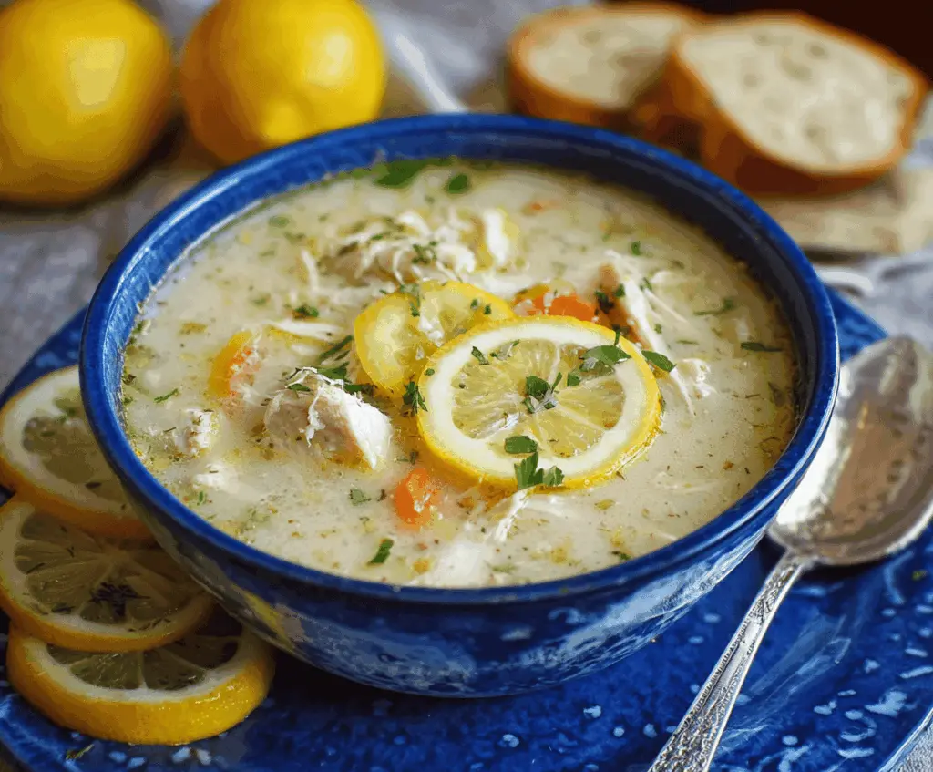 Delicious bowl of Greek Lemon Chicken Soup garnished with fresh herbs and lemon slices, served in a white ceramic bowl.