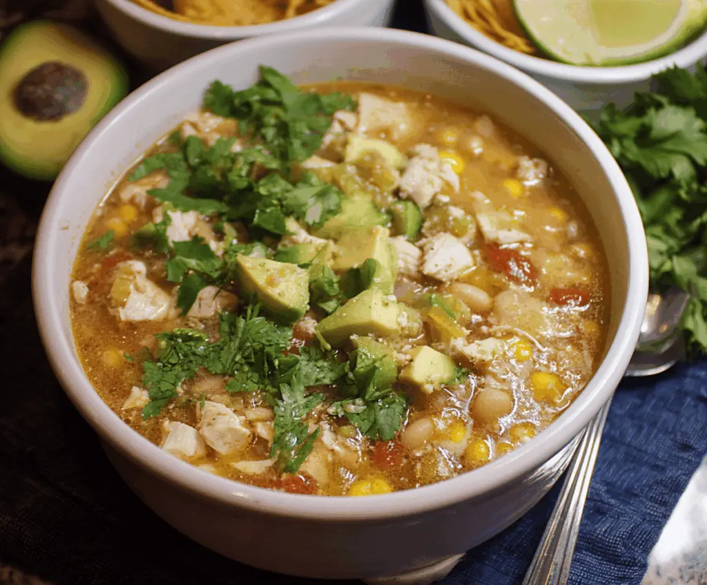 Spicy green chili chicken chili in a bowl garnished with fresh herbs and topped with shredded cheese, served hot