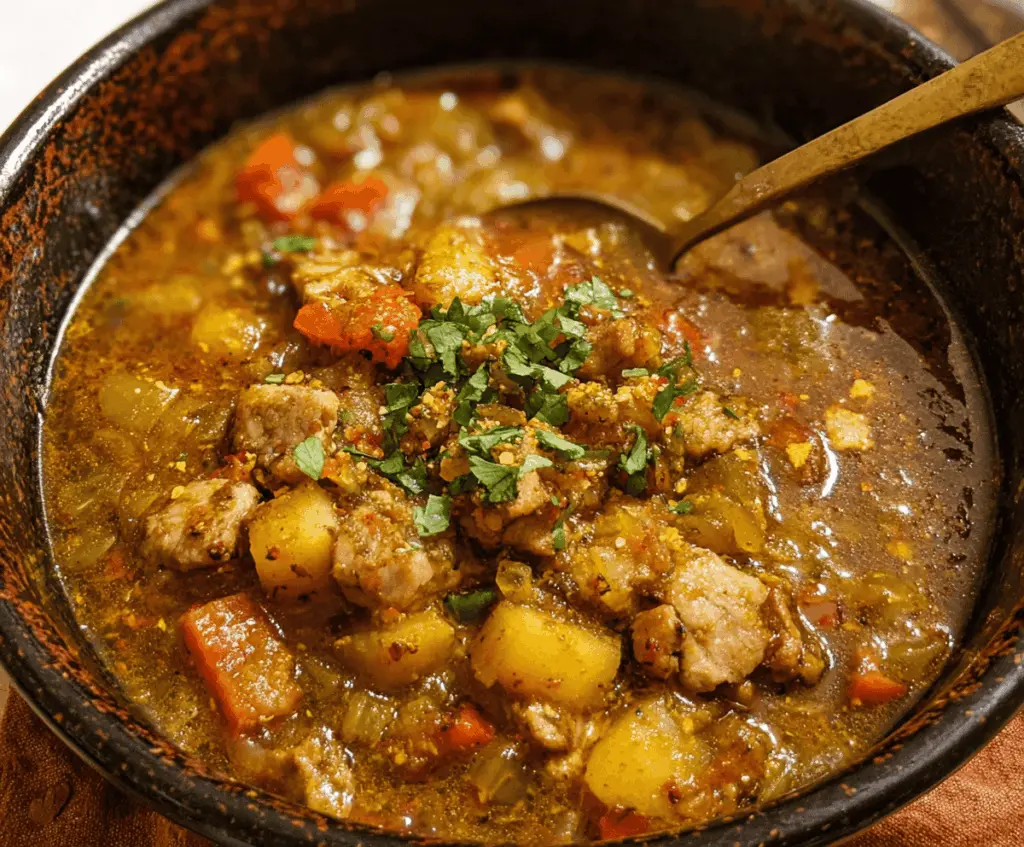Hearty green chili stew with tender pork, fresh green chilies, and vibrant vegetables in a savory broth.