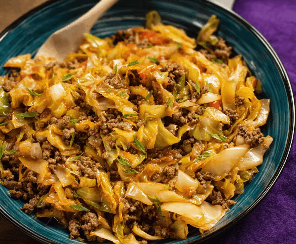 Delicious homemade Ground Beef and Cabbage stir-fry served in a bowl, featuring tender beef and fresh chopped cabbage for a healthy, flavorful meal.