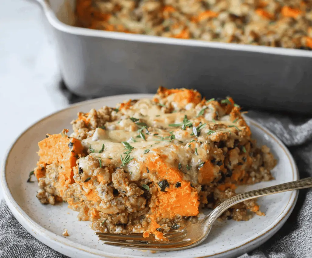 Healthy ground turkey sweet potato casserole topped with melted cheese and fresh herbs, served in a white baking dish.