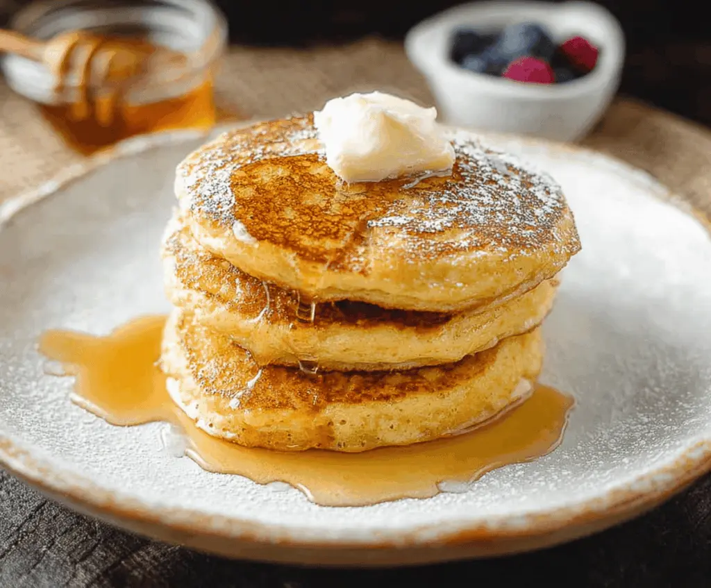 Golden crispy hoe cakes served with butter on a rustic wooden plate, perfect for breakfast or brunch.