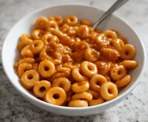 Delicious homemade Spaghettios in a bowl topped with shredded cheese, ready to serve