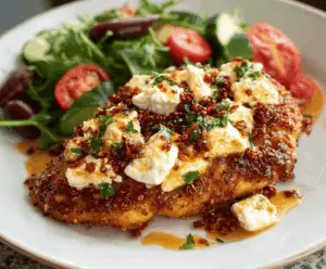Creamy baked feta chicken topped with spicy hot honey drizzle, garnished with fresh herbs for a flavorful main dish.