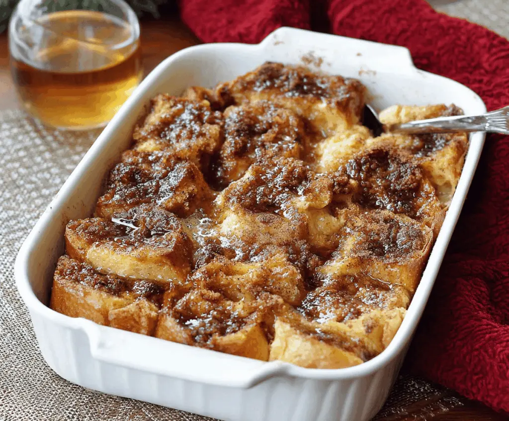 Delicious overnight French toast casserole bake topped with fresh berries and powdered sugar, perfect for a comforting breakfast or brunch.