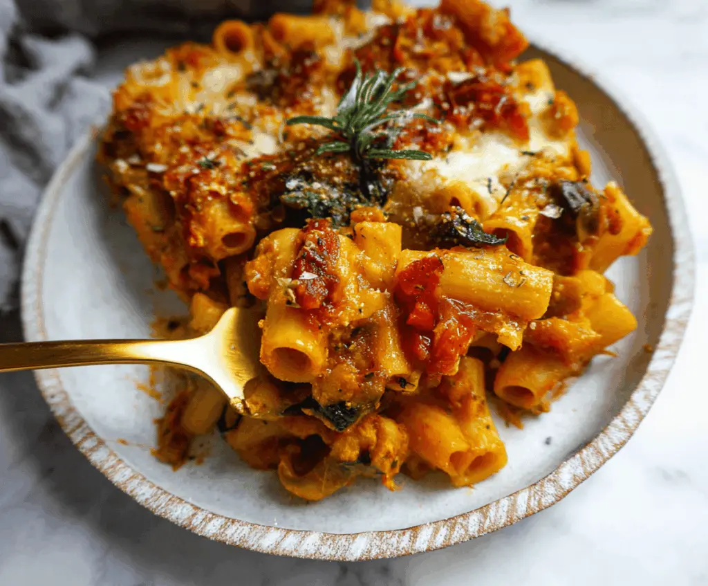 Delicious pasta bake topped with pumpkin tomato sauce and melted cheese, served hot on a white plate.