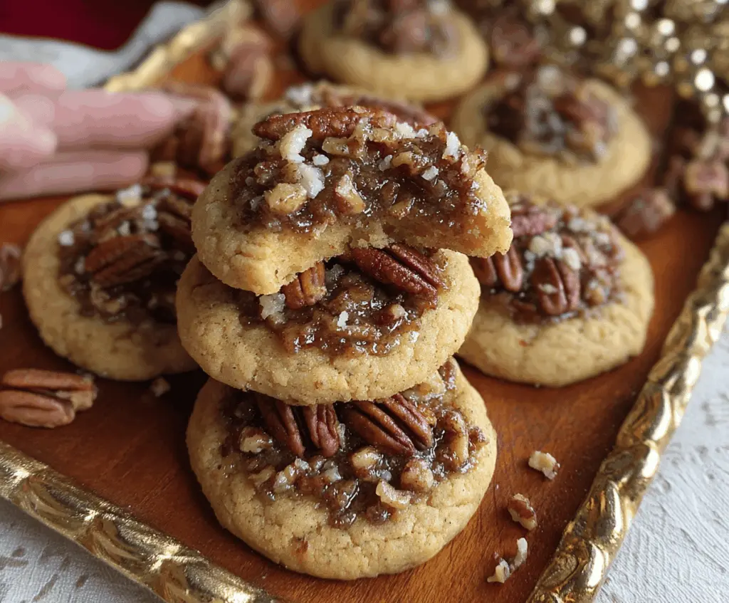 Delicious homemade pecan pie cookies with caramelized pecans and golden-brown crust on a rustic wooden surface.