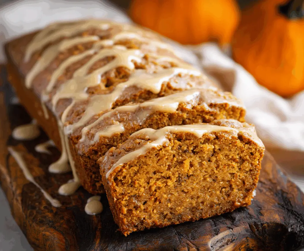 Delicious homemade pumpkin bread topped with a glossy maple glaze, perfect for fall desserts or breakfast treats.