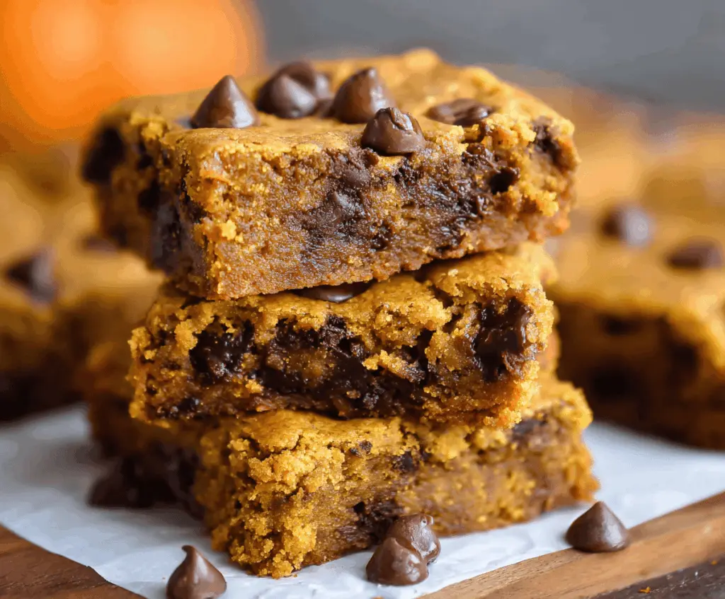 Delicious pumpkin chocolate chip bars topped with chocolate chunks and a moist, spiced pumpkin batter on a baking sheet