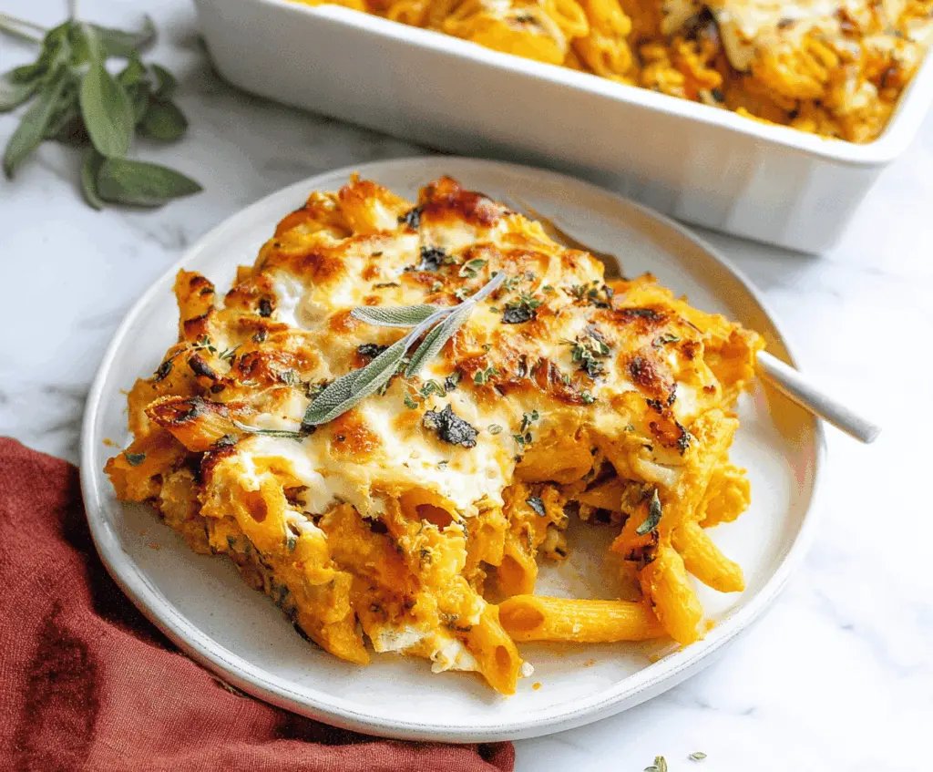 Creamy pumpkin ricotta pasta bake topped with melted cheese and fresh herbs, ready to serve