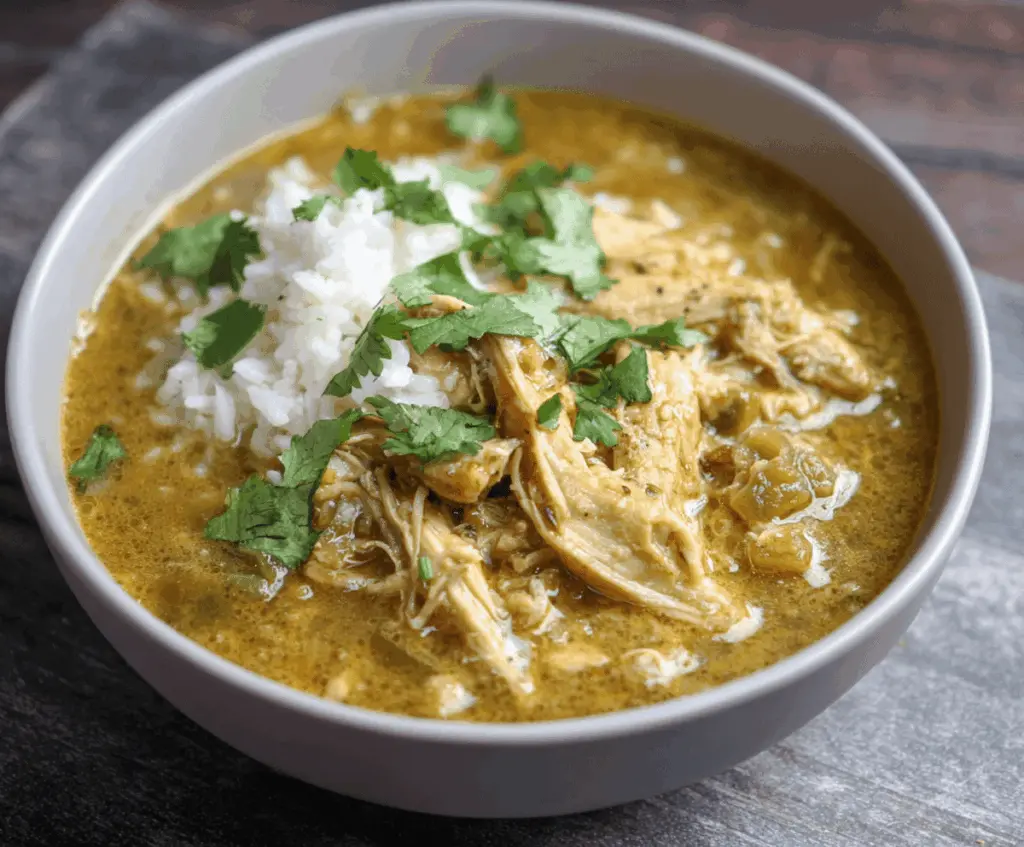 Delicious slow cooker chicken chili verde in a bowl garnished with fresh cilantro and lime, served with tortilla chips