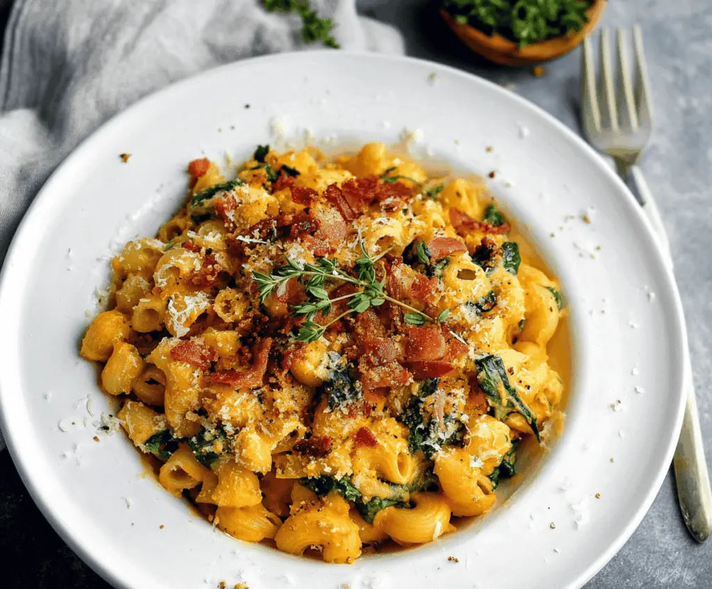 Creamy spinach, crispy bacon, and roasted pumpkin blended into a cheesy mac and cheese dish with fresh greens.