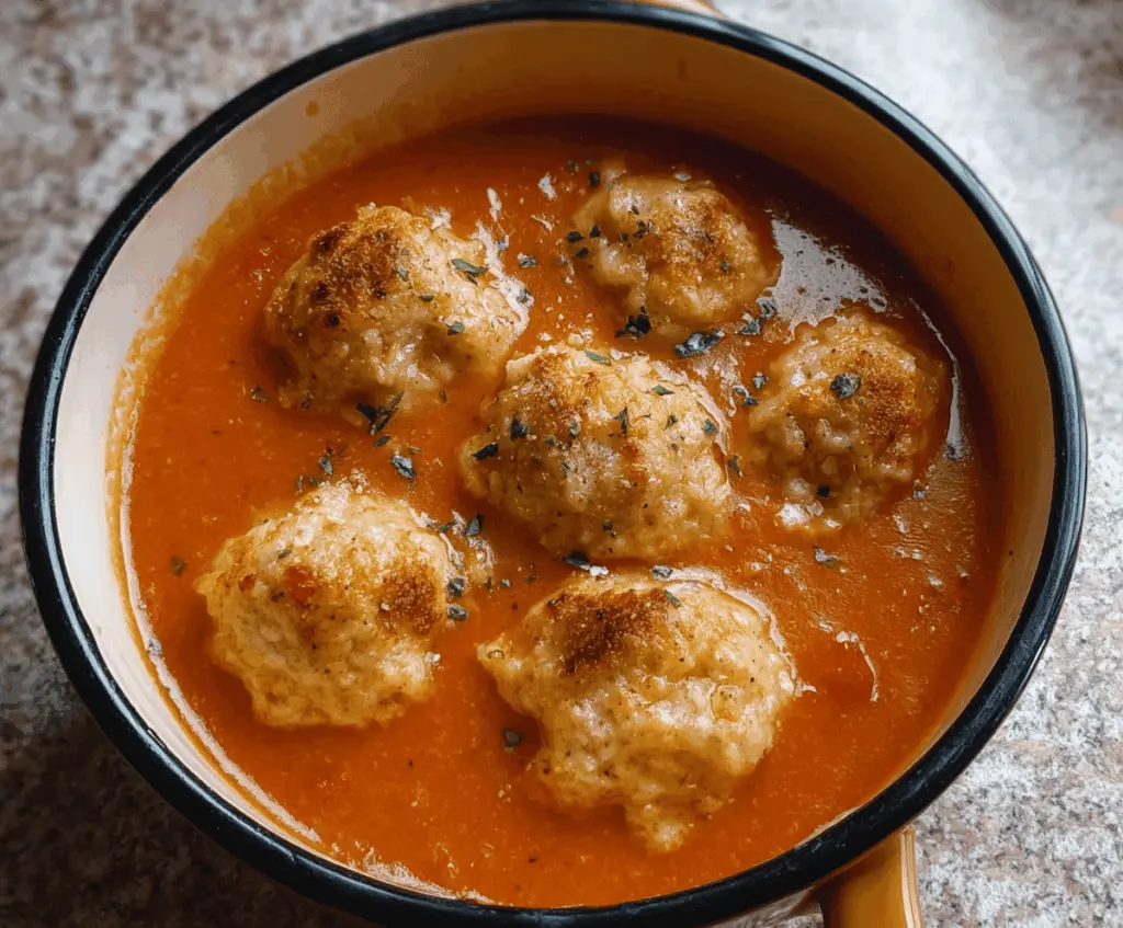 Creamy tomato soup topped with melted cheddar Bay dumplings, served in a rustic bowl for a comforting and flavorful meal.