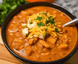 Creamy white cheddar apple chicken chili topped with fresh herbs, served in a bowl with diced apples and shredded chicken for a flavorful, comforting meal.
