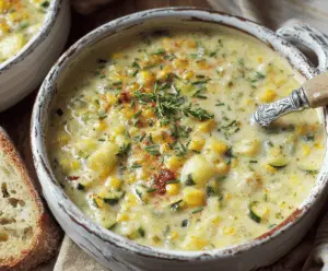 Creamy zucchini and corn chowder garnished with fresh herbs in a bowl, perfect for a hearty, healthy soup recipe.