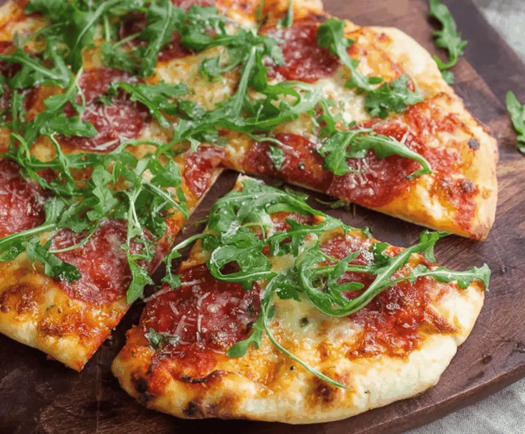 Fresh arugula and sliced salami topping a crispy pizza crust, ready to enjoy as a flavorful homemade arugula salami pizza.