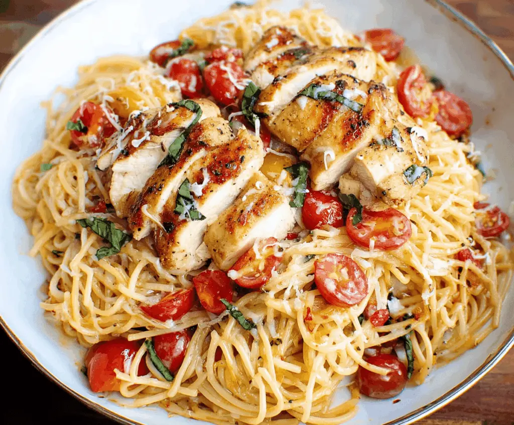 Delicious Bruschetta Chicken Pasta with fresh tomatoes and herbs served on a plate