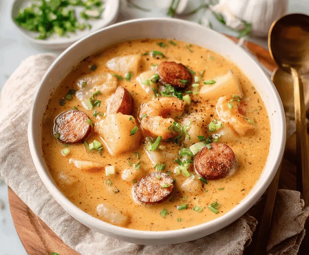 Creamy Cajun Potato Soup with spicy seasonings, diced potatoes, and garnished with fresh herbs in a bowl
