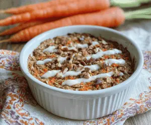 Delicious caramel carrot cake baked oatmeal served in a white bowl, garnished with fresh carrots and walnuts.