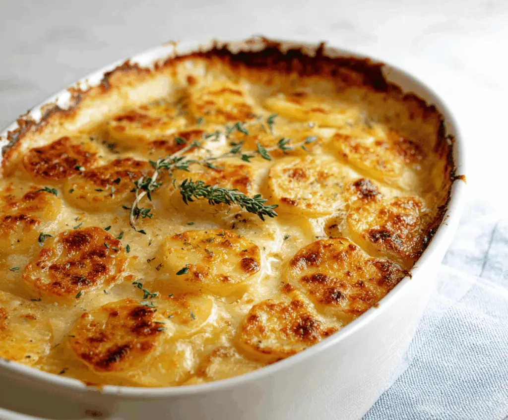 Delicious cheesy scalloped potatoes baked to perfection with melted cheese and golden top, served as a comforting side dish.