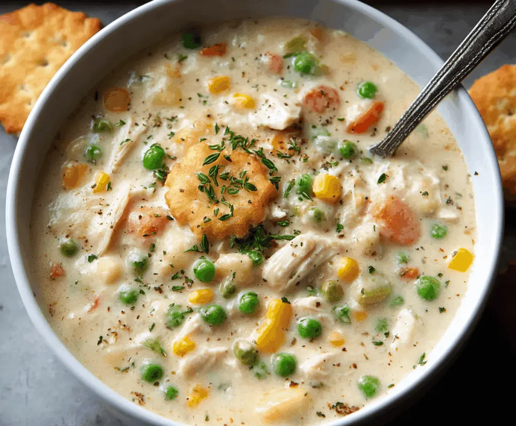 Creamy chicken pot pie soup topped with golden crust crumbs and fresh herbs, served in a bowl