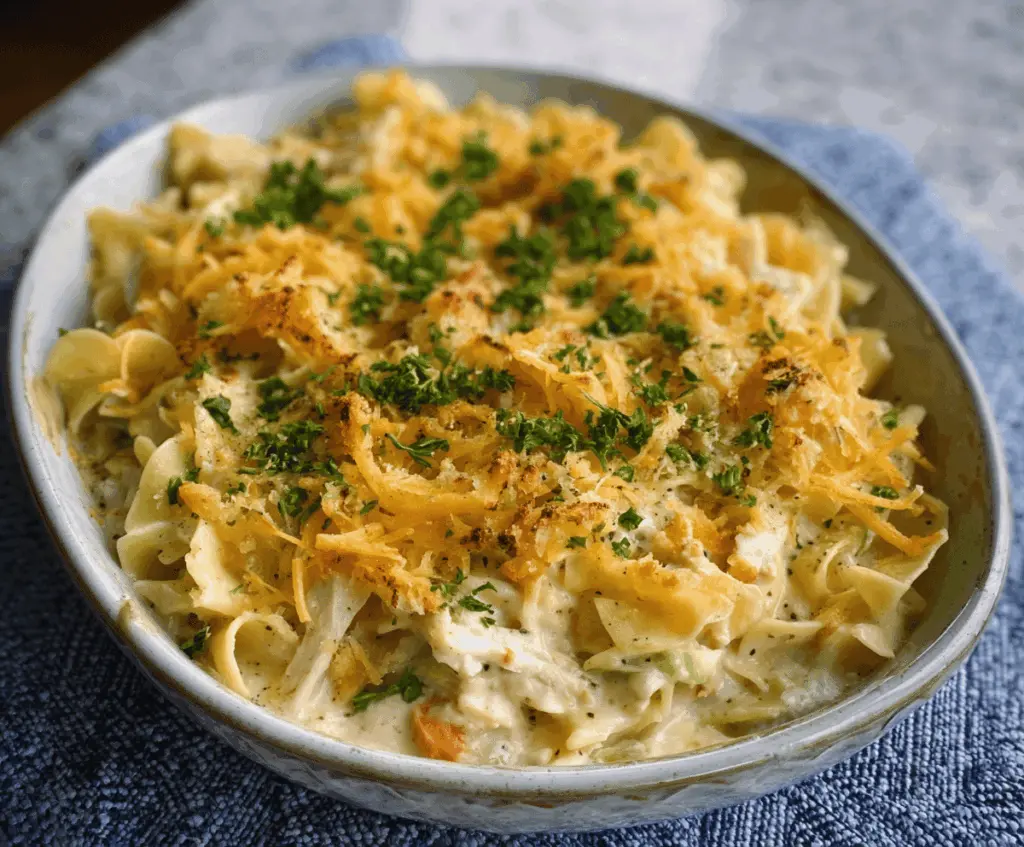 Delicious classic chicken noodle casserole in a baking dish, topped with golden crispy crust