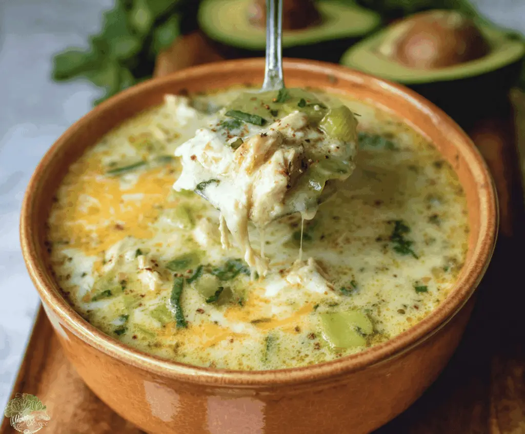Creamy Green Enchiladas Chicken Soup with melted cheese, fresh cilantro, and tender shredded chicken in a vibrant green chili broth