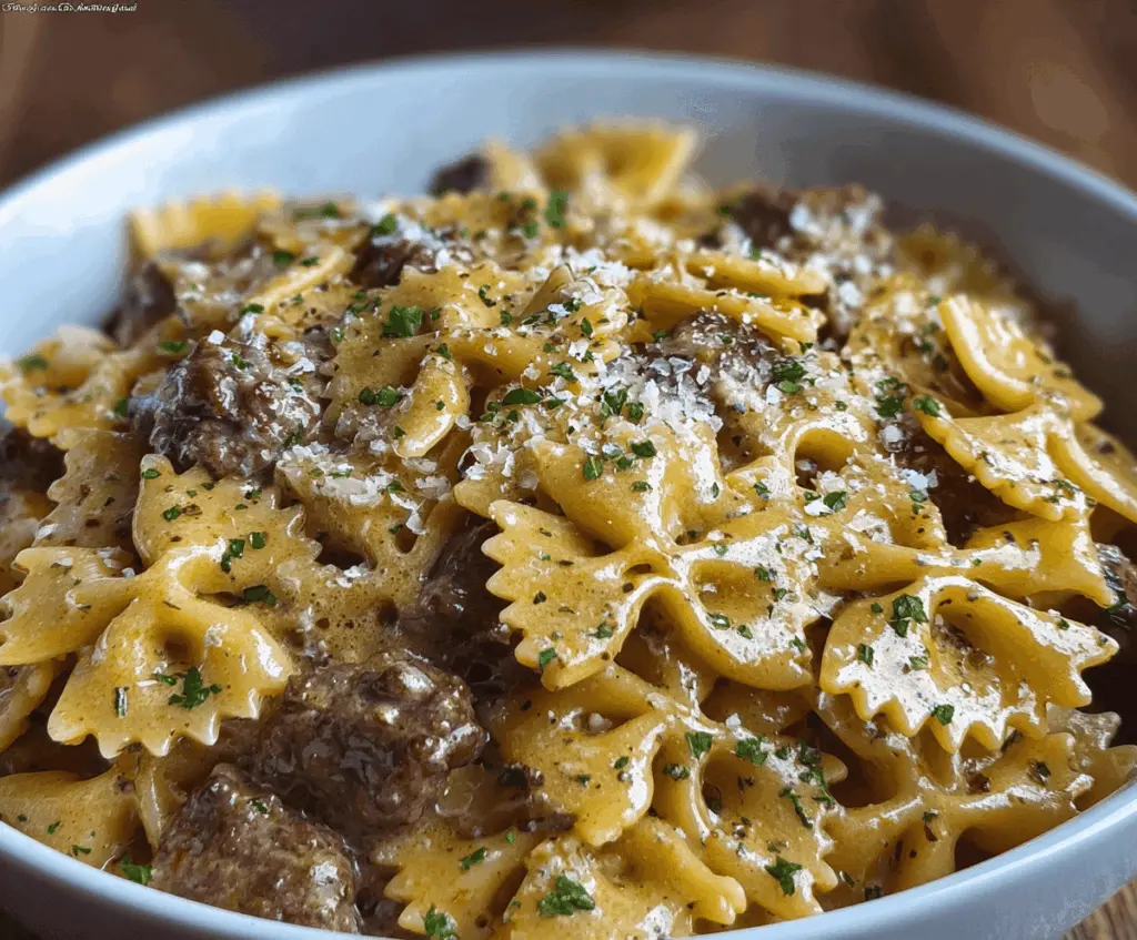 Creamy Parmesan Garlic Beef Bowtie Pasta served in a white bowl, garnished with fresh herbs, showcasing a rich and flavorful pasta dish