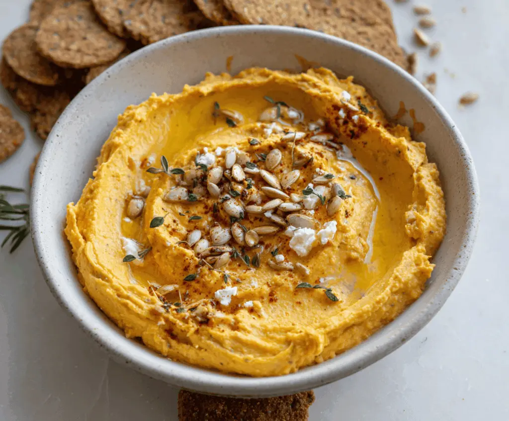 Creamy Pumpkin Whipped Feta Dip served with fresh herbs and crunchy crackers on a rustic plate.