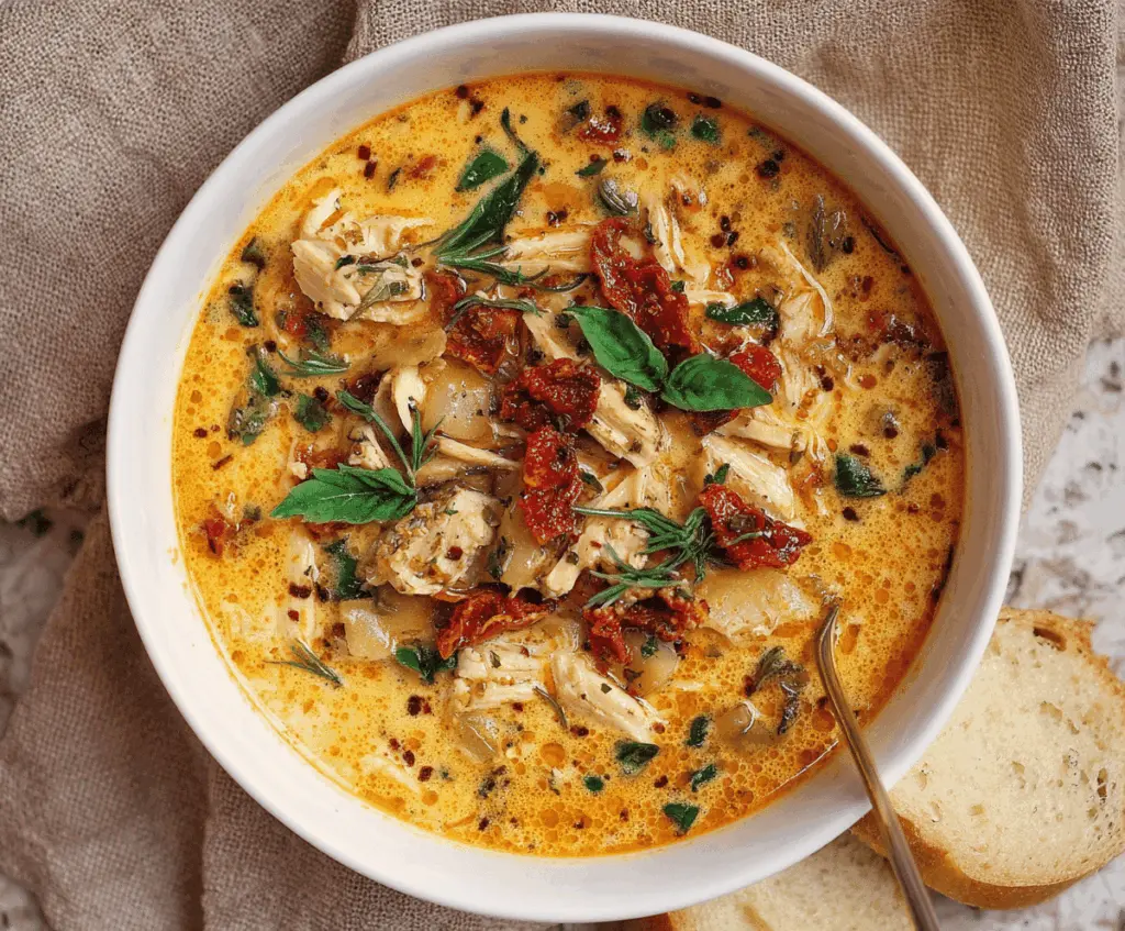 Creamy Sun-Dried Tomato Chicken Soup in a bowl garnished with fresh herbs and served with crusty bread, highlighting a delicious and comforting meal.