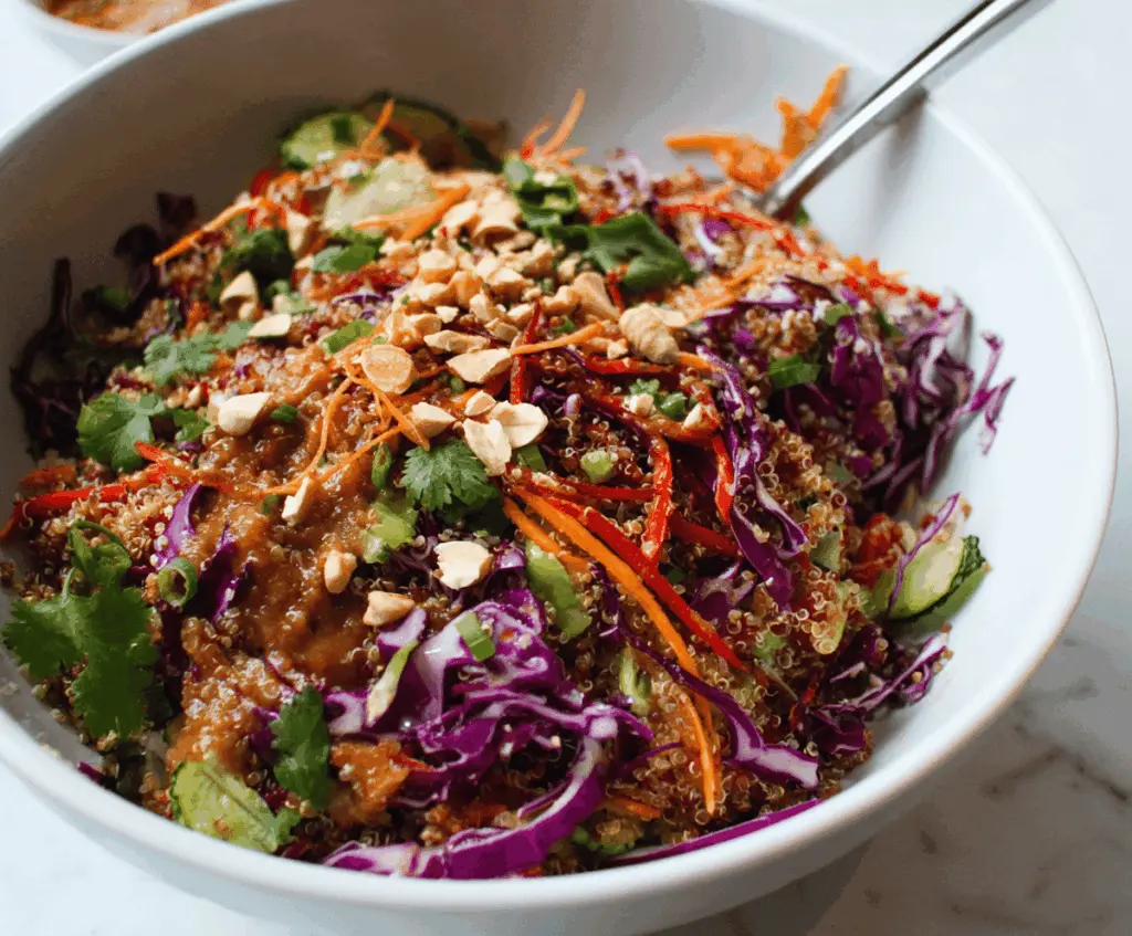 Colorful Crunchy Thai Quinoa Salad with Fresh Vegetables and Creamy Peanut Dressing, featuring vibrant greens, shredded carrots, and chopped peanuts on a white plate.