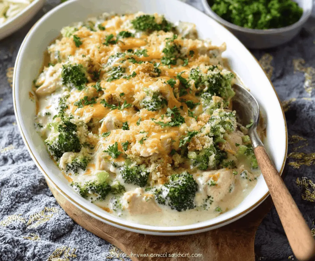 Delicious Easy Chicken Divan casserole with tender chicken, fresh broccoli, and cheesy topping